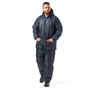 Man wearing navy Dromex Storm Glacier freezer jacket and pants