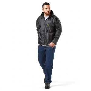 Man wearing black Dromex Storm Lite hooded jacket