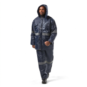 Man wearing navy Dromex Storm Polar freezer jacket and pants with reflective strips