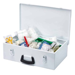 Open white metal first aid box Regulation 3 with contents