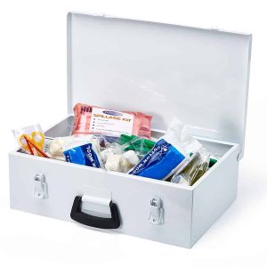 Open white metal first aid box Regulation 7 with contents and spillage kit